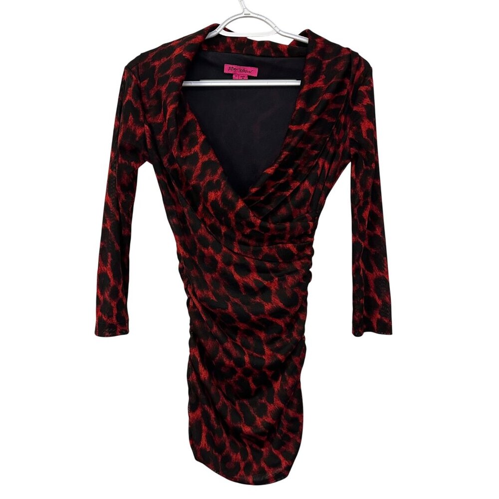 Betsey Johnson Vintage Y2K Dress Size S Petite Red Black Leopard Mini V-Neck